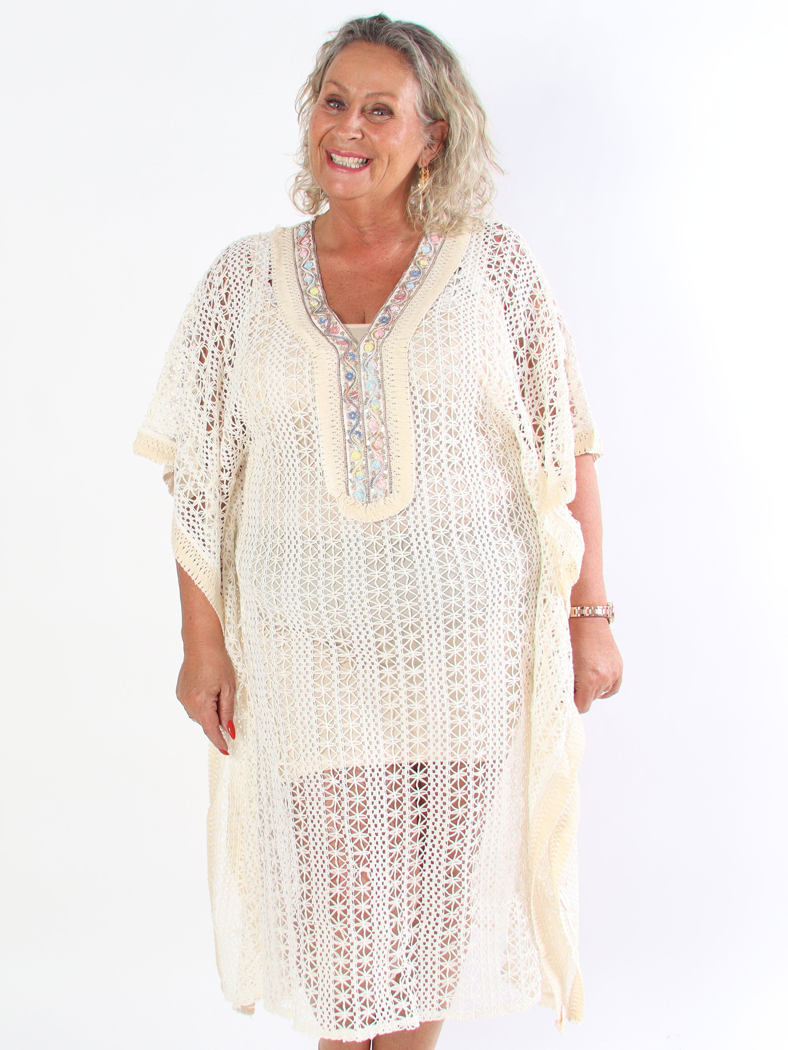 Ruby - Lang hæklet plus size tunikakjole i boheme look